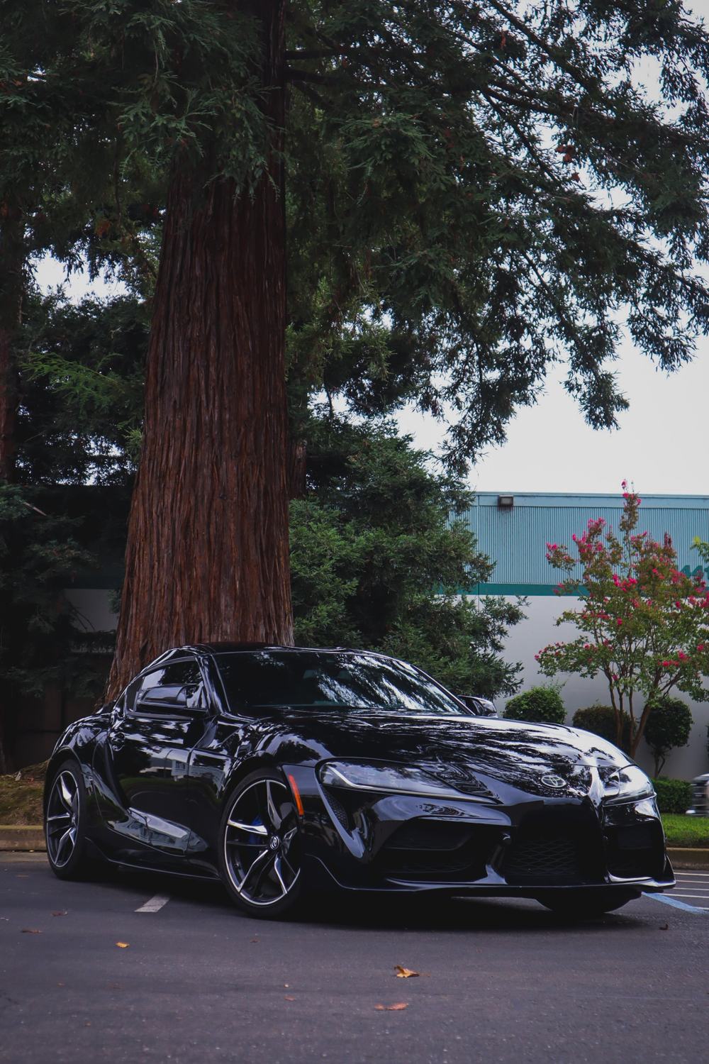 Front three-quarter view of a black 2020 Toyota GR Supra wrapped in Gloss Black Obsidian color PPF by Drift Wraps in Rancho Cordova
