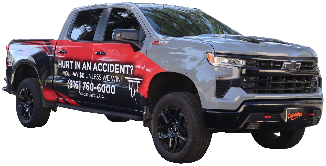 Alexander Cherny Personal Injury Lawyer Chevrolet Silverado Z71 with a custom design 2/3 wrap by Drift Wraps in Rancho Cordova