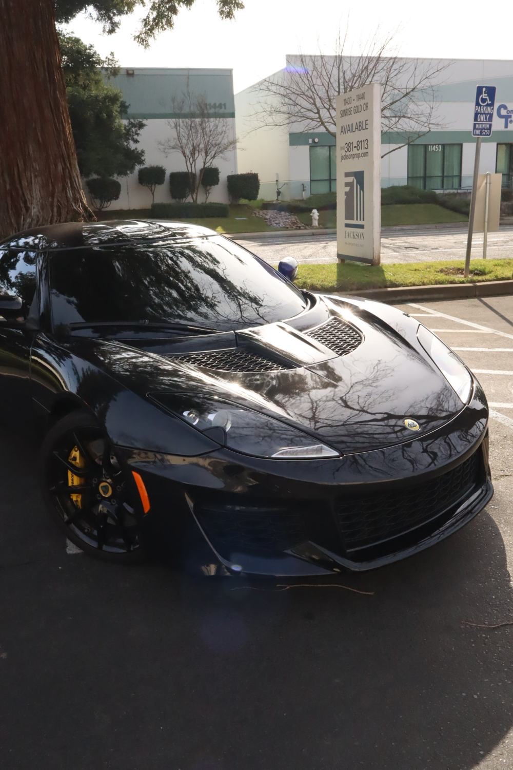 2018 Lotus Evora 410 with full front Voir paint protection film outside the Drift Wraps shop on Sunrise Gold Circle, Rancho Cordova
